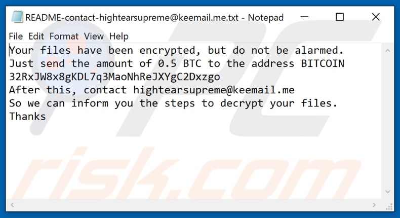 Cryp0 ransomware text file (README-contact-hightearsupreme@keemail.me.txt)