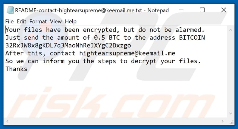 Cryp0 ransomware text file (README-contact-hightearsupreme@keemail.me.txt)