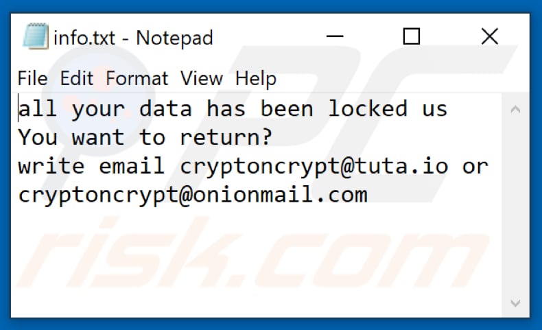 Cryptoncrypt ransomware text file (info.txt)