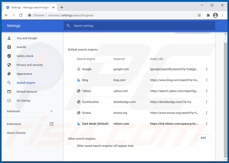 Removing mktsrc.com from Google Chrome default search engine