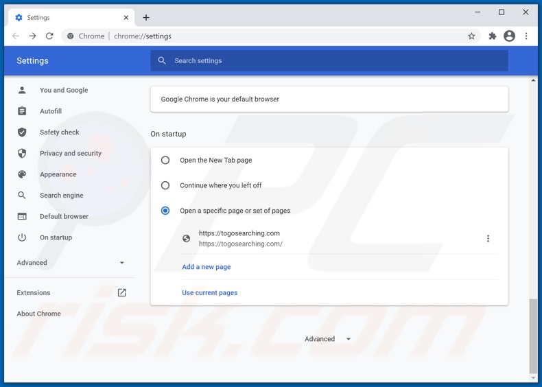 Removing togosearching.com from Google Chrome homepage