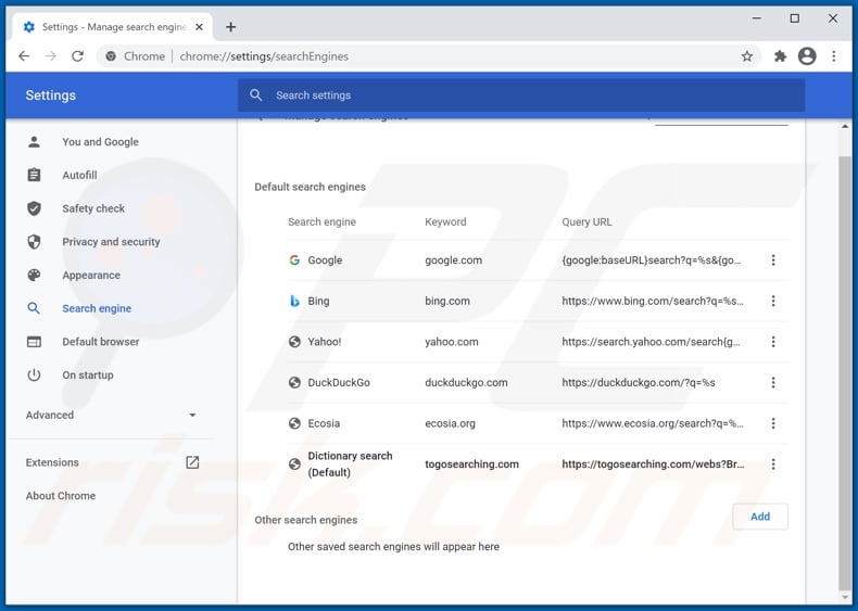 Removing togosearching.com from Google Chrome default search engine