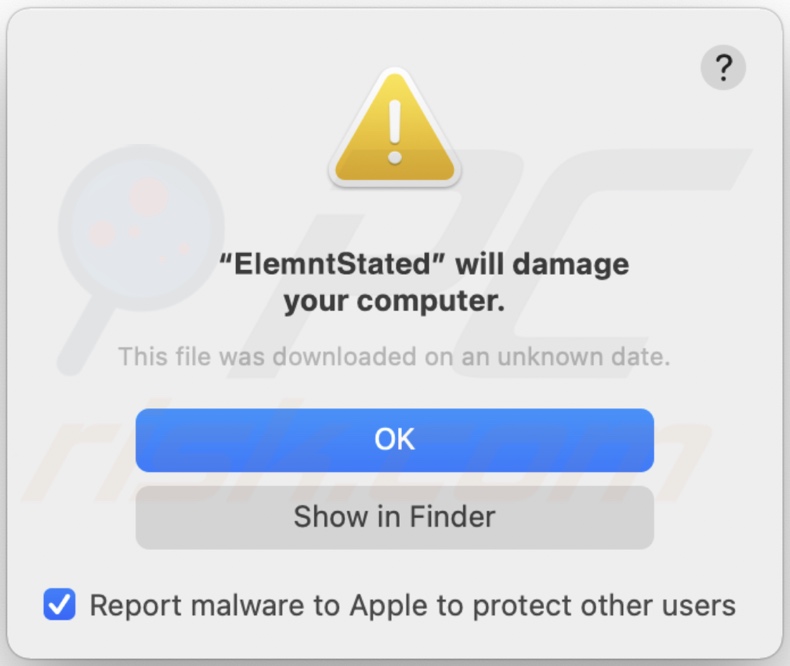 Pop-up shown when ElemntState adware is present on the system