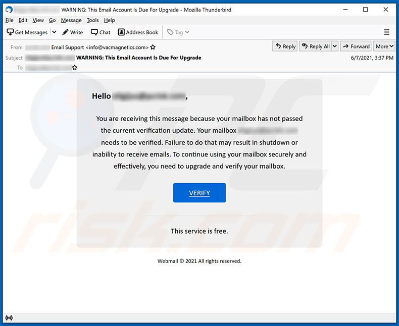 Email verification-themed spam email (2021-06-08)