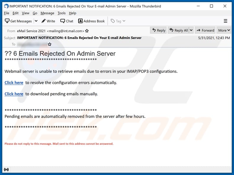 Emails Rejected On Admin Server scam email spam campaign