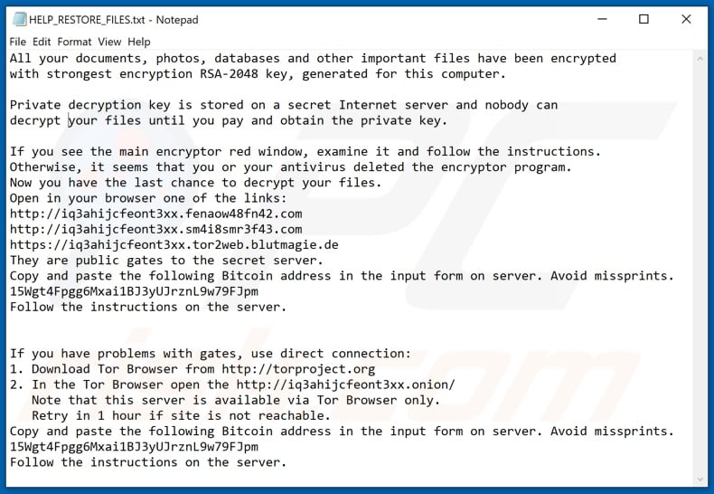 Exx ransomware text file (HELP_RESTORE_FILES.txt)