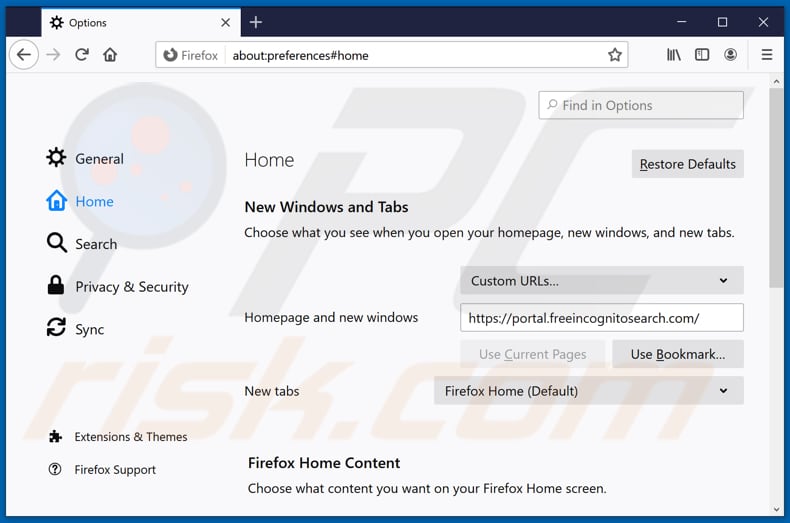 Removing freeincognitosearch.com from Mozilla Firefox homepage