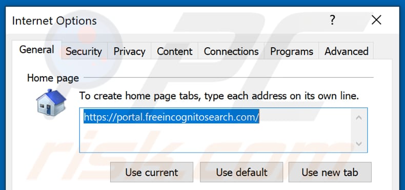 Removing freeincognitosearch.com from Internet Explorer homepage