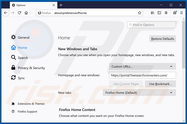 Removing freesearchconverters.com from Mozilla Firefox homepage
