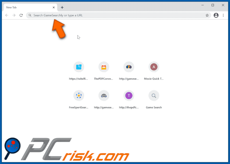 GameSearchly browser hijacker redirecting to Yahoo (GIF)