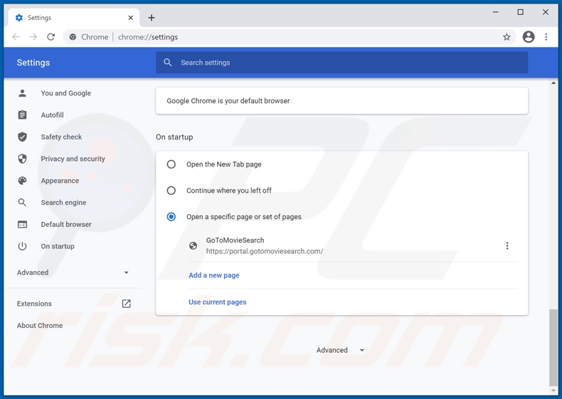 Removing gotomoviesearch.com from Google Chrome homepage