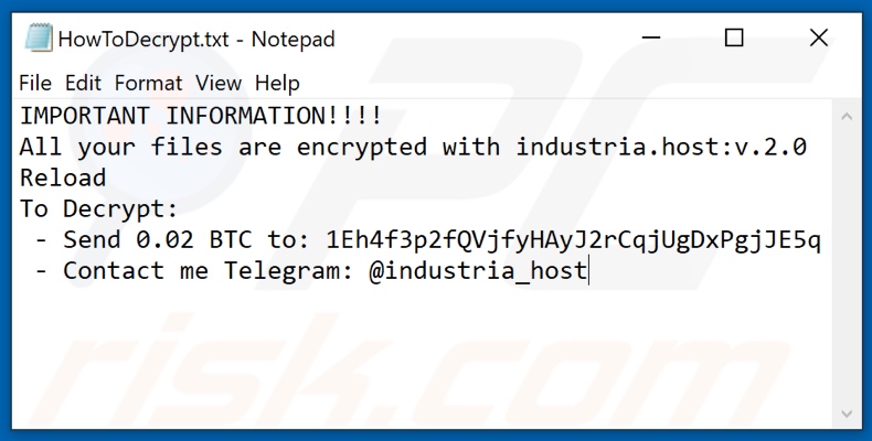 Industria_host ransomware text file (HowToDecrypt.txt)