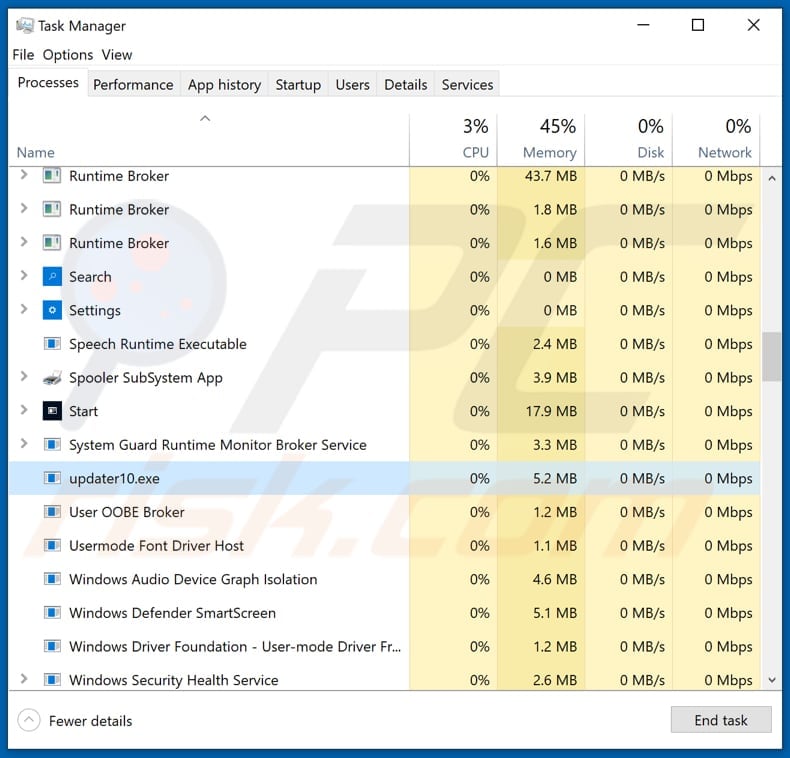 klingon rat malicious process named updater10.exe running in task manager