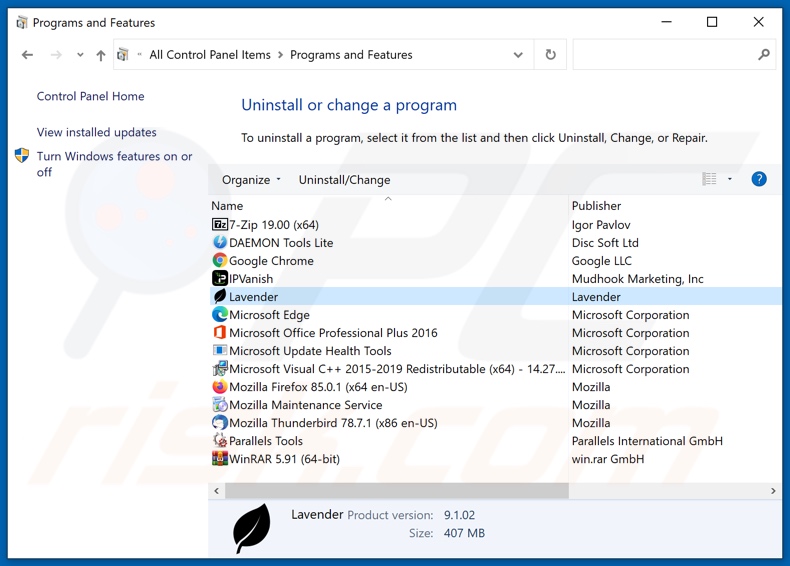 Lavender adware uninstall via Control Panel