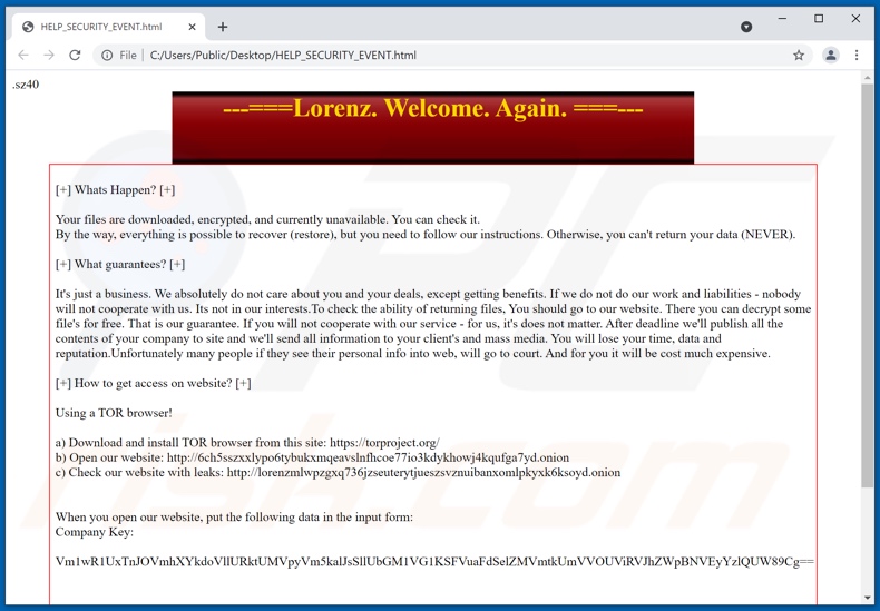 Lorenz ransomware ransom-demanding message (HELP_SECURITY_EVENT.html)