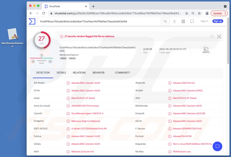 MacRunnerDaemon adware detections on VirusTotal