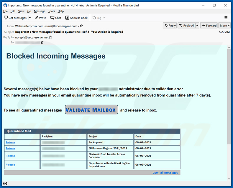 Mail quarantined-themed spam email used to promote a phishing website (2021-06-08 - sample 2)