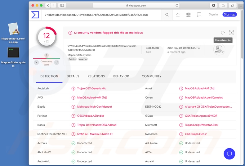 MapperState adware detections on VirusTotal