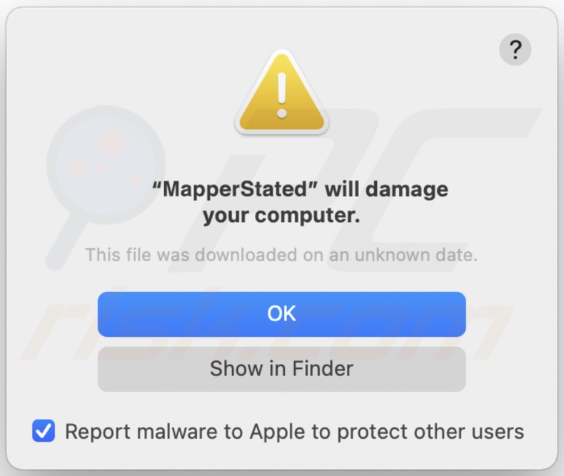 Pop-up shown when MapperState adware is present on the system