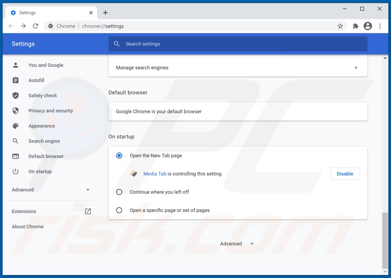 Removing mediatab.club from Google Chrome homepage