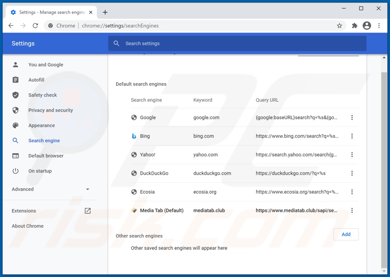 Removing mediatab.club from Google Chrome default search engine