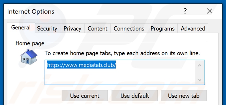 Removing mediatab.club from Internet Explorer homepage