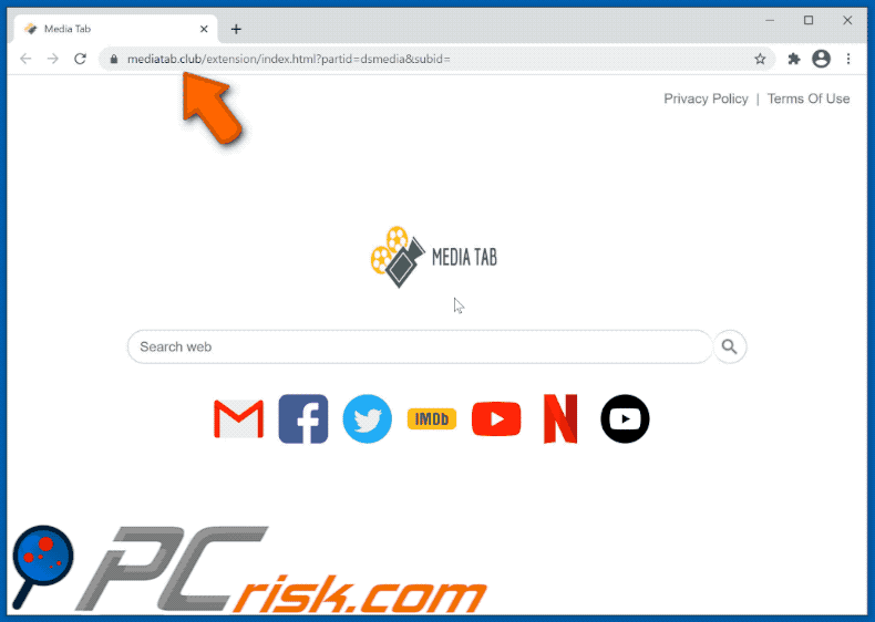 Media Tab browser hijacker redirecting to Bing (GIF)