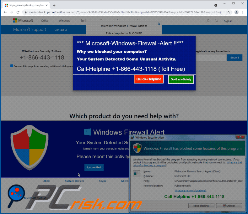 Microsoft Windows Firewall Alert pop-up scam appearance (GIF)