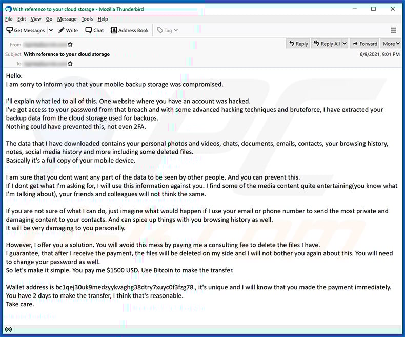 Your mobile backup storage was compromised scam email
