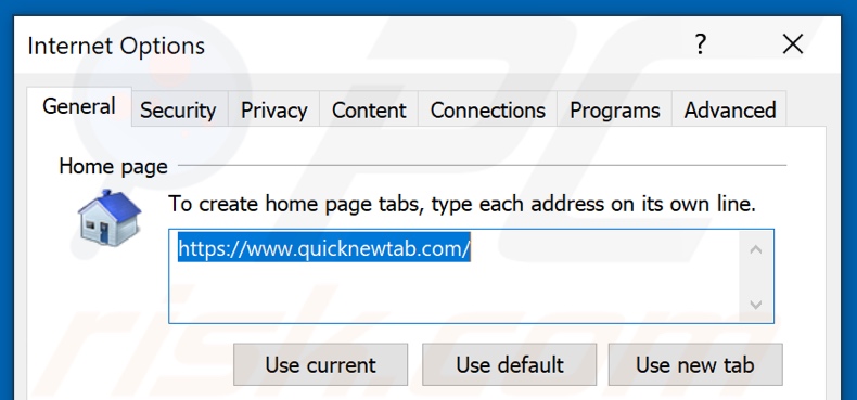 Removing quicknewtab.com from Internet Explorer homepage