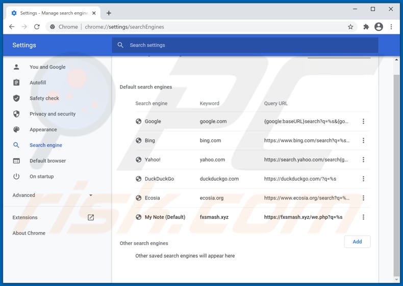 Removing fxsmash.xyz from Google Chrome default search engine