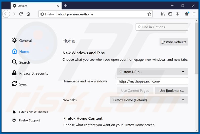 Removing myshopsearch.com from Mozilla Firefox homepage