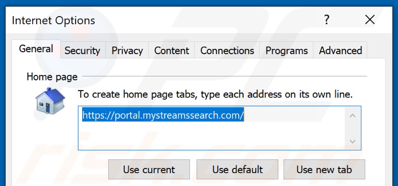 Removing mystreamssearch.com from Internet Explorer homepage