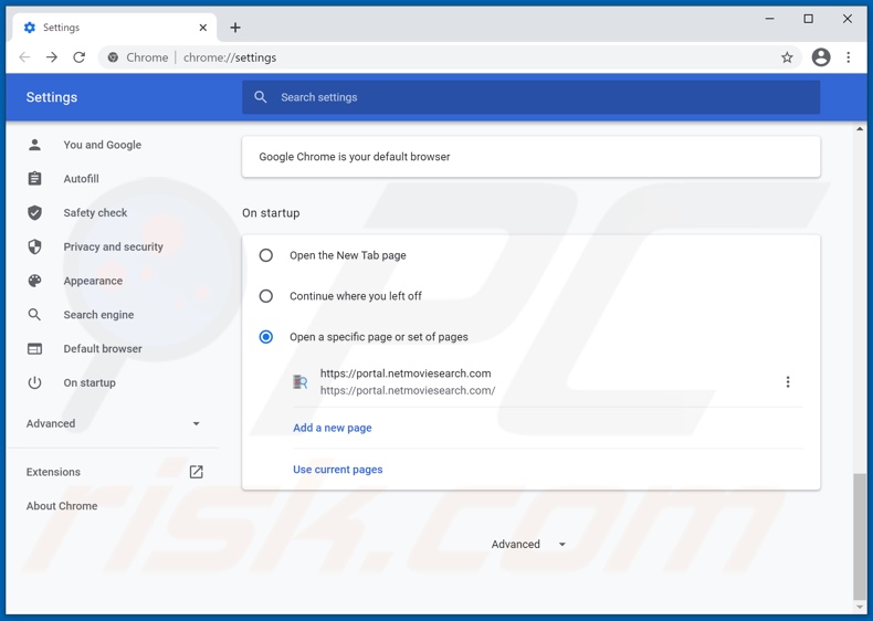 Removing netmoviesearch.com from Google Chrome homepage