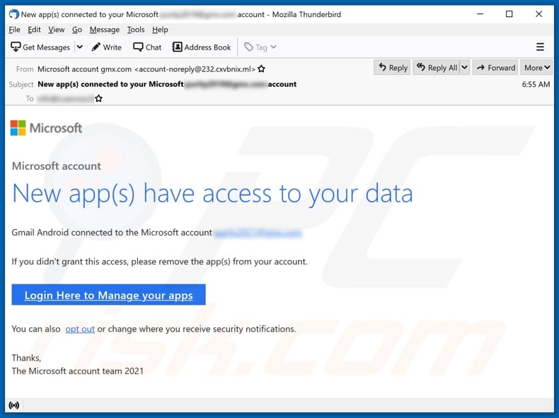 New app(s) have access to your Microsoft Account email spam campaign