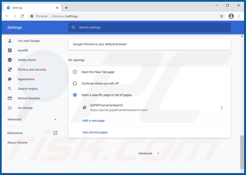 Removing gopdfconvertersearch.com from Google Chrome homepage