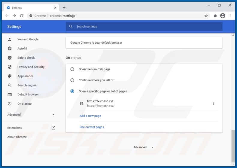 Removing fxsmash.xyz from Google Chrome homepage