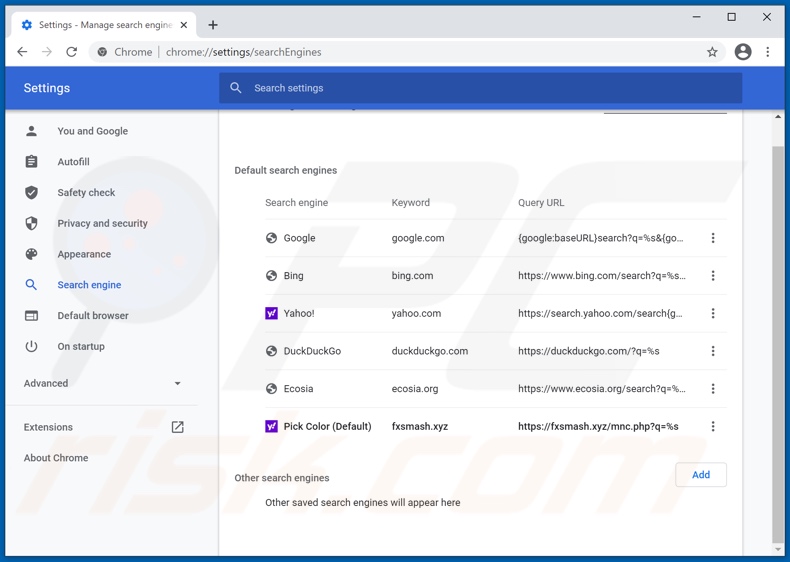 Removing fxsmash.xyz from Google Chrome default search engine