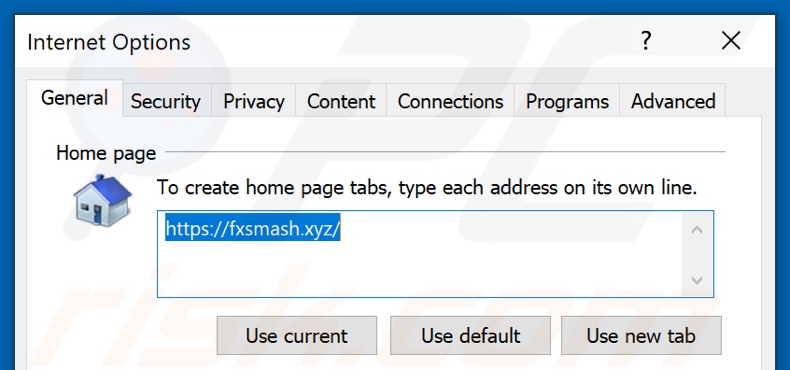 Removing fxsmash.xyz from Internet Explorer homepage