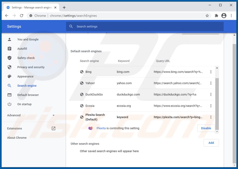 Removing plexita.com from Google Chrome default search engine