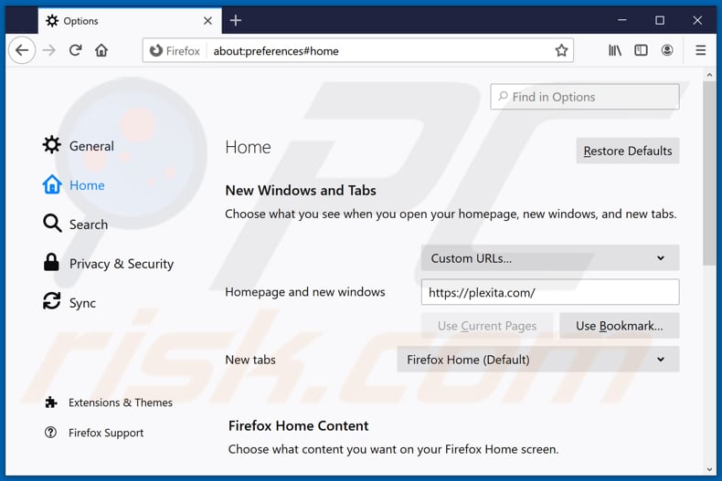 Removing plexita.com from Mozilla Firefox homepage