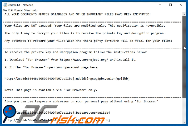 Qoiibbj ransomware text file GIF (readme.txt)