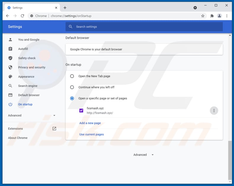 Removing fxsmash.xyz from Google Chrome homepage