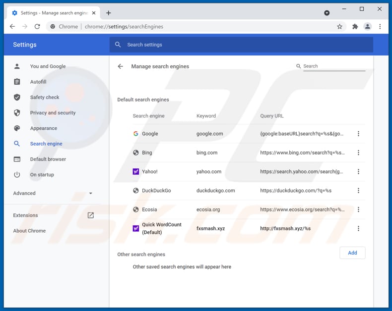 Removing fxsmash.xyz from Google Chrome default search engine