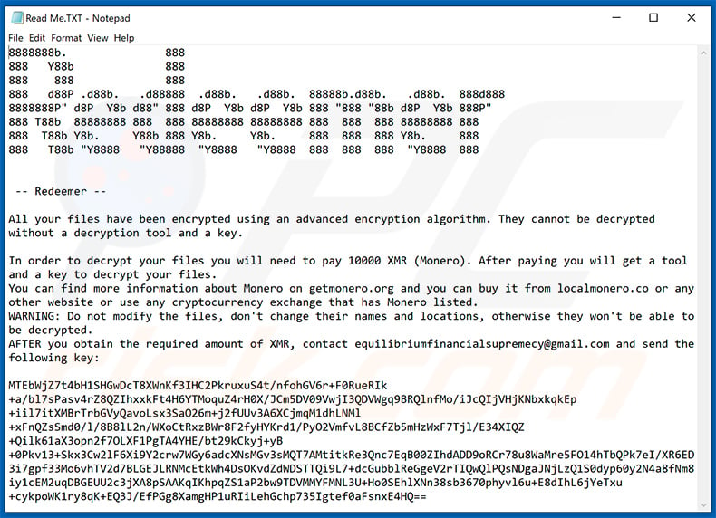 Redeemer ransomware ransom-demanding message (Read Me.TXT)