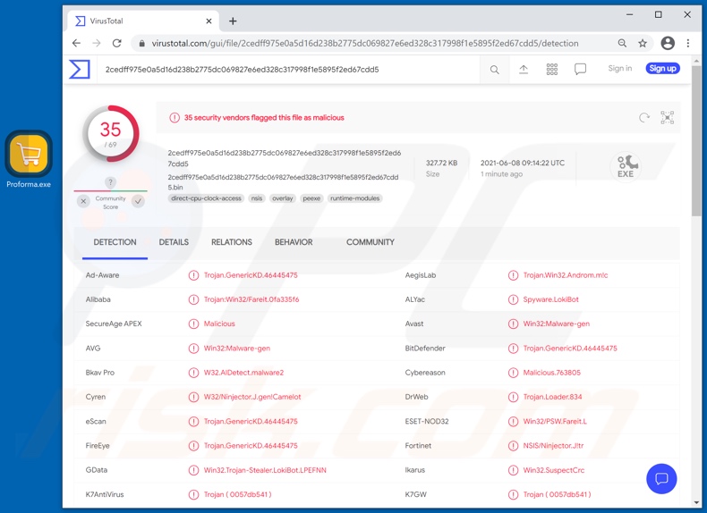 Santander email virus attachment detections on VirusTotal (Proforma.exe)