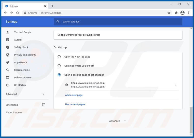 Removing quicknewtab.com from Google Chrome homepage