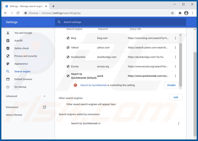 Removing quicknewtab.com from Google Chrome default search engine