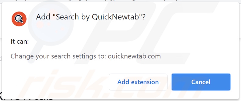 Search by QuickNewtab browser hijacker asking for permissions