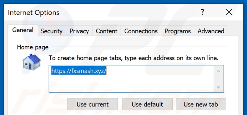 Removing fxsmash.xyz from Internet Explorer homepage
